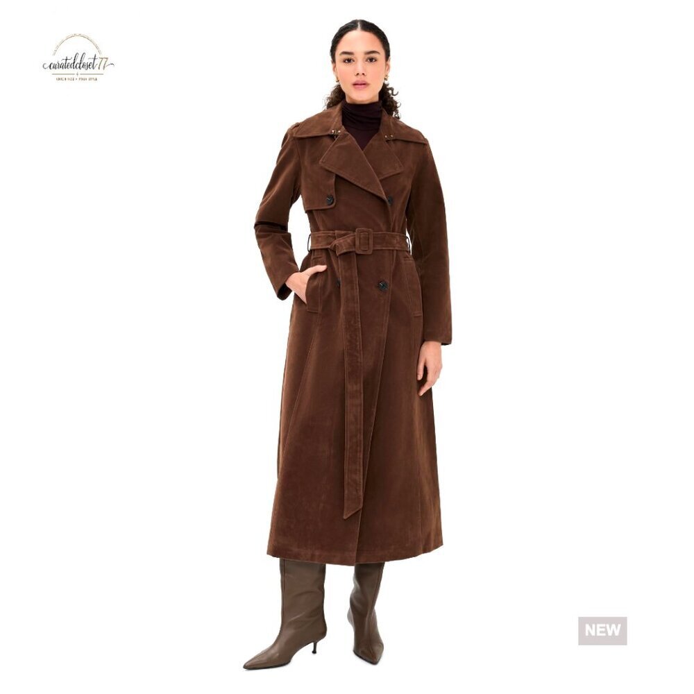 Faux Suede Maxi Trench Coat, Double-Breasted, Self-Belt, Classic Style